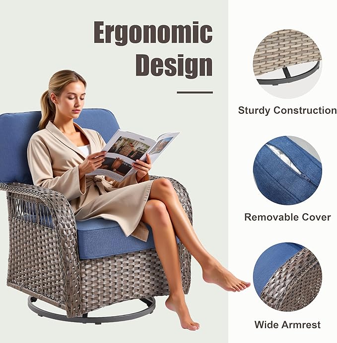 Outdoor Swivel Rocker Chairs - Patio Rocking Chairs Set of 2, 3PCS Wicker Patio Set with 5" Thick Cushion and Side Table, Rattan Patio Swivel Rocking Chairs for Porch, Deck, Backyard Blue/Brown