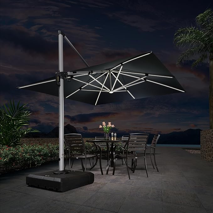 PURPLE LEAF 11 Feet Solar Powered LED Square Cantilever Umbrella With Base Patio Umbrella Windproof Hanging Umbrella Outdoor Umbrella Offset Umbrella, Grey