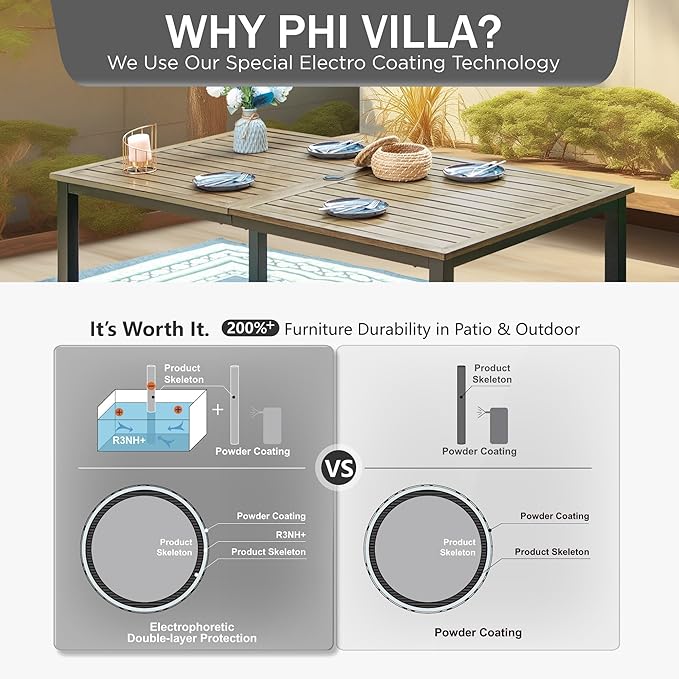 PHI VILLA 7 Pieces Outdoor Dining Set for 6, 65” Wood-Like Metal Steel Dining Table & Stackable Iron Dining Chairs, Large Dining Furniture Set for Patio, Deck, Yard, Porch