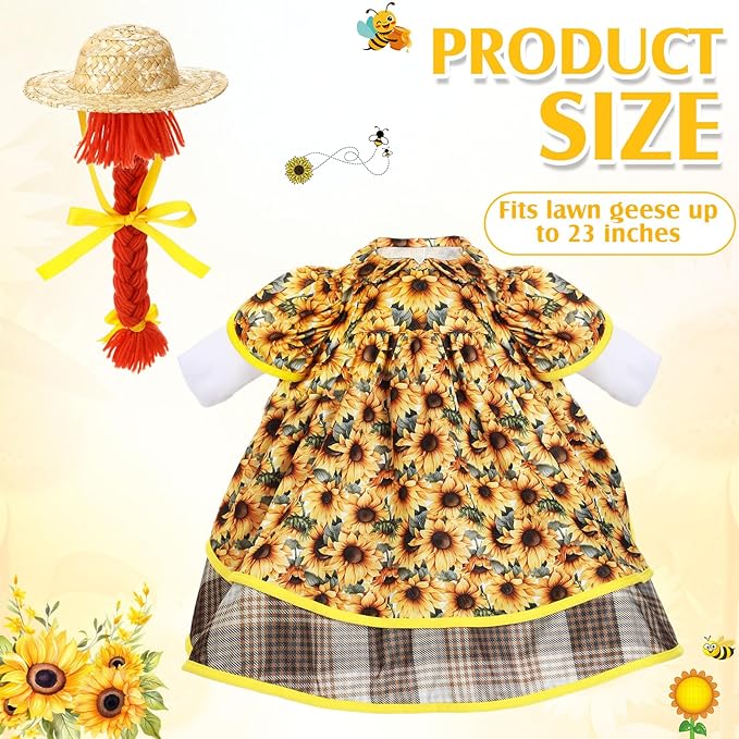 Fall Goose Outfit Harvest Sunflower Lawn Porch Cement Goose Clothes Harvest Skirts Hat Wig for Fall Thanksgiving Garden Outdoor Patio Yard Statue Art Decor(23 Inch)