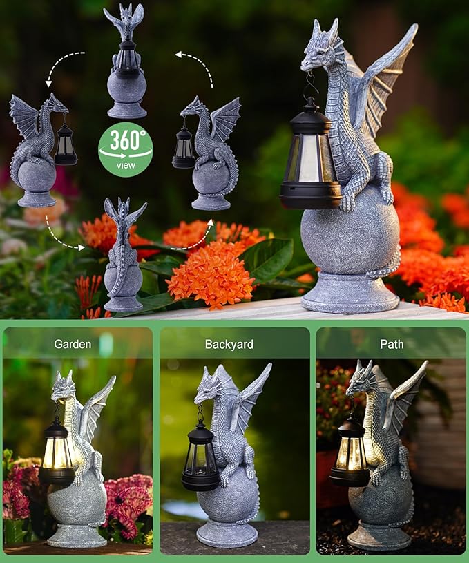 Dragon Statue with Solar Lights Lantern,Outdoor Garden Sculpture Decor for Yard Lawn Balcony Patio Porch,Gardening Gifts for Mom Women Grandma