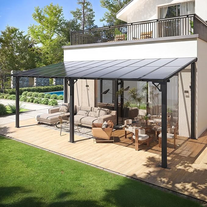 10x20FT Lean to Gazebo, Hardtop Metal Pergola with Polycarbonate Roof, Large Wall Mounted Heavy Duty Awnings, Patio Canopy for Backyard, Deck, Porch
