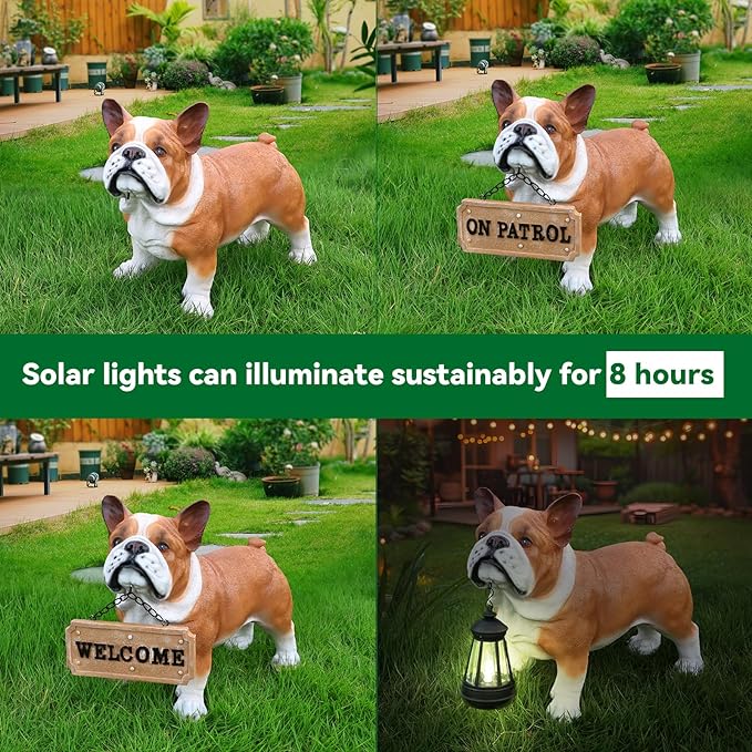 French Bulldog Outdoor Dog Statue with Reversible “Welcome/ON Patrol” Hanging Plaque and Solar Walkway Lantern, Brown & White Standing Yard Accent