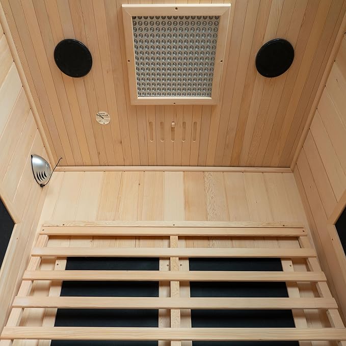 Woodbridge Infrared Home Sauna Room 2 Person Hemlock Wooden Indoor Sauna with 7 Carbon Heaters, Red Light Therapy, Bluetooth Speaker, Intelligent Control Panel, Tempered Glass & Top Vent