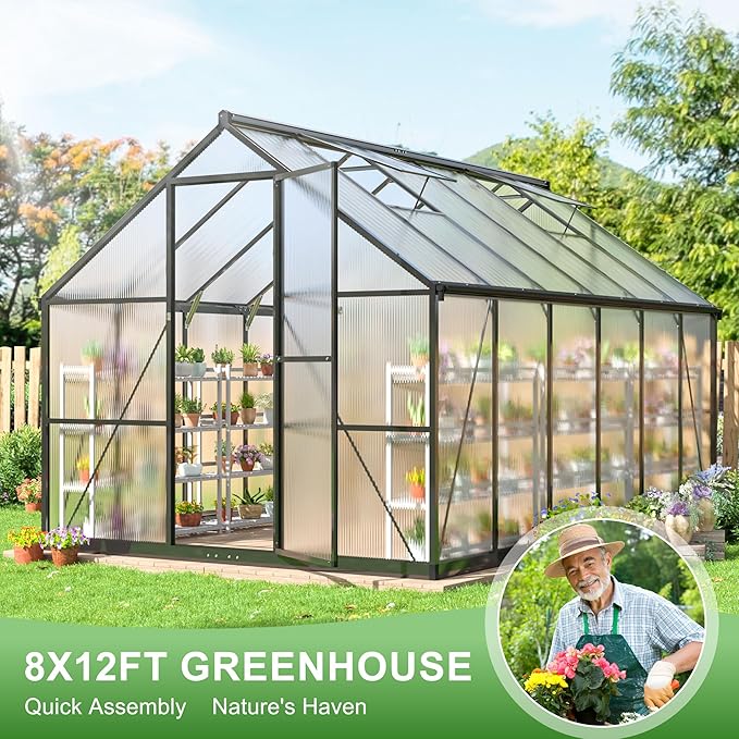 Polar Aurora 8x12 FT Greenhouse, Quick Aluminum Assembly Structure Polycarbonate Greenhouse, Walk-in Greenhouses for Outdoors with Ventilated Windows, Green Houses for Outside Backyard Garden