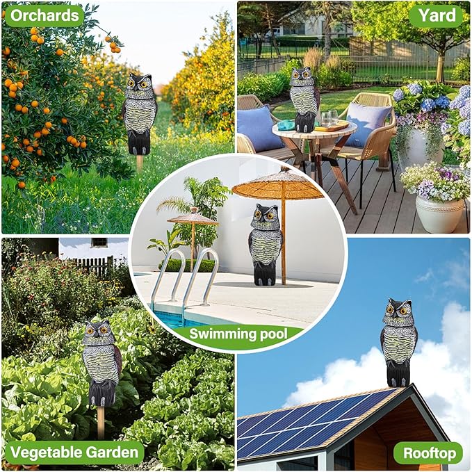 Owl Decoys to Scare Birds Squirrels Away, Rotatable Head Plastic Bird Deterrent, Waterproof Garden Owls Statue for Patio Yard Farm Protection Against Birds, Squirrels, Rabbits, Raccoons