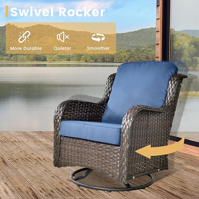 HOOOWOOO Patio Furniture Set,7 Piece Outdoor Furniture Set with Fire Pit Table,Wicker Patio Conversation Couch Swivel Chairs Ottoman Set,Navy Blue