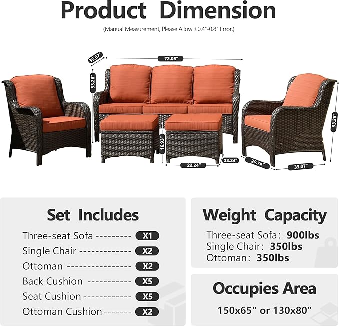 HOOOWOOO Patio Furniture Set,5 Piece Outdoor Furniture Set,Wicker Patio Conversation Couch Chairs Ottoman Set,Orange Red
