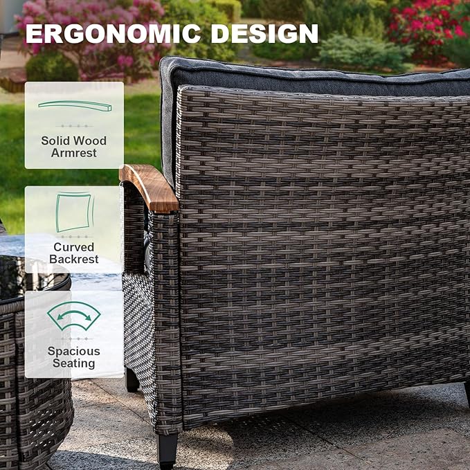 MEISSALIVVE 9-Piece Outdoor Patio Furniture Set, Half-Moon Curved Sectional Set with Wood Armrests, Patio Conversation Set, Tempered Glass Coffee & Side Tables (Grey)