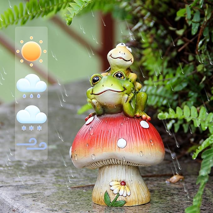 Leekung Turtle Riding Frog Sitting On Mushroom for Garden Decor, Frog Statue&Mushroom Figurines for Outdoor Garden Backyard Yard Porch Patio Lawn, Spring Decorations Gardening Gifts for Women Unique