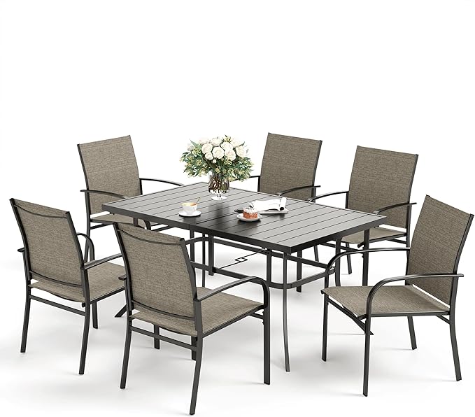 7 PCS Patio Dining Set for 6, Rectangular Metal Table with Umbrella Hole, 6 x Brown Dining Chairs, Outdoor Table and Chairs Set for Lawn Backyard and Deck