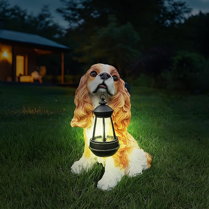 Sunny Cavalier King Charles Spaniel Solar Welcome Dog Statue, Hand-Painted Sitting Resin Puppy Figurine with Dual Signs and Lantern for Garden, Patio, and Front Porch Décor