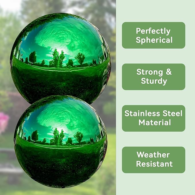 Lily's Home 12 Inch Stainless Steel Gazing Globe Mirror Ball, Colorful and Shiny Addition to Any Garden or Home, Ideal As a Housewarming Gift, Sparking Green