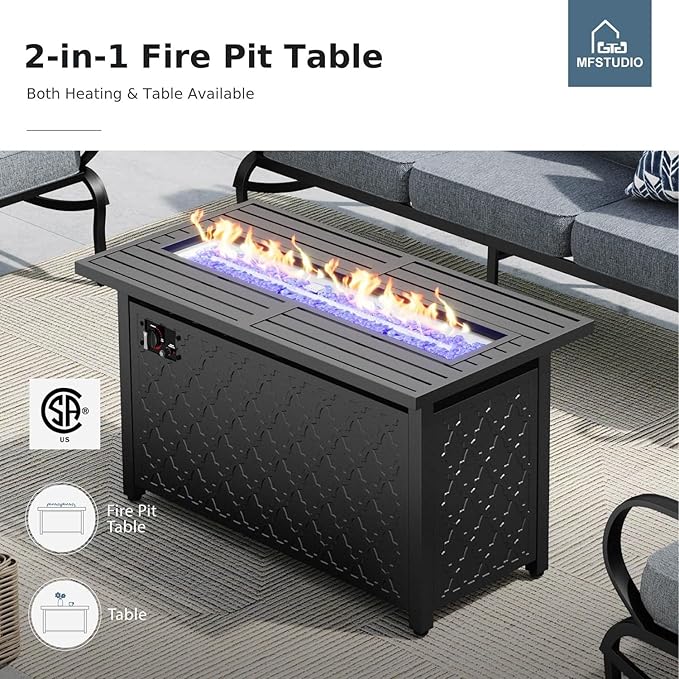 MFSTUDIO 8 Pieces Patio Furniture Sets with 45" Gas Fire Pit Table(Up to 9 Seat), Outdoor Metal Conversation Sofas with 1 x 3-Seat Sofa, 2 Single Chairs, 2 Rocking Chairs and 2 Ottoman, Grey Cushion