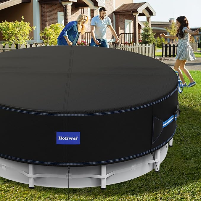 12 Ft Round Pool Cover with Reflective Strips, 420D Swimming Pool Cover for Above Ground Pools, Solar Cover with Drawstring and Ground Nails for Dustproof, UV Protected