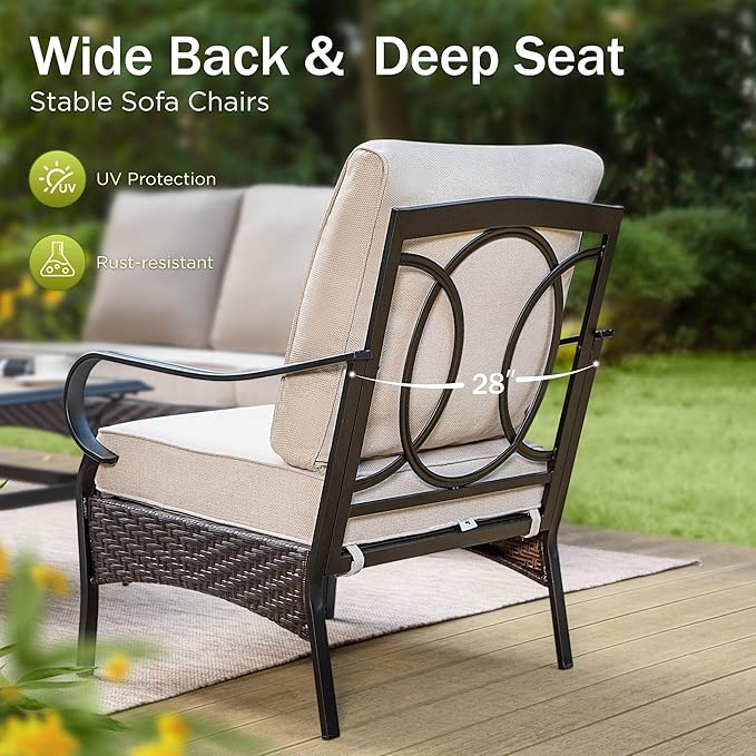 PHI VILLA Outdoor Modern Patio Furniture Set, Upgraded Wicker&Metal Patio Furniture Conversation Set with Waterproof Thick Cushions for Porch, Poolside, Deck, and Yard (5 Pieces,Beige)