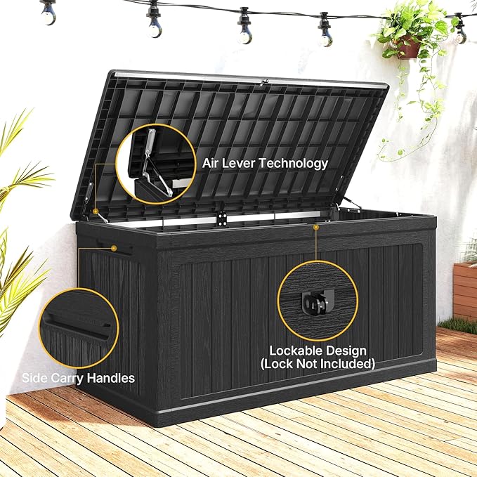 260 Gallon Deck Box Extra Large, Outdoor Storage Box Lockable, Patio Storage Box Waterproof and UV Resistant, 440lbs Load Capacity for Garden, Patio, Pool (Black)