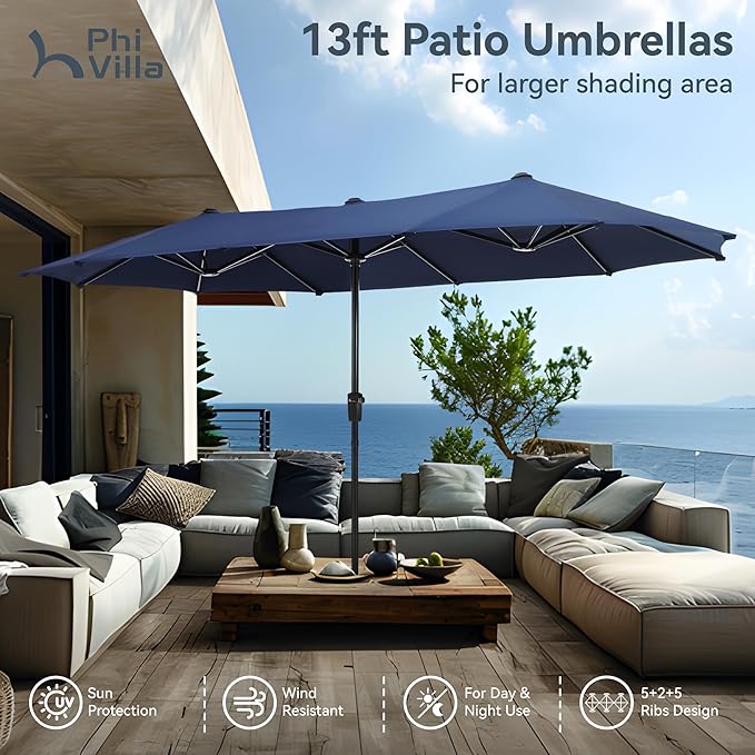 PHI VILLA 7 Piece Patio Dining Furniture Set with Umbrella (Blue), Outdoor Table and Chairs for 6, Foldable Patio Dining Chairs (Black) with Adjustable Backrest & Metal Dining Table for Garden, Deck