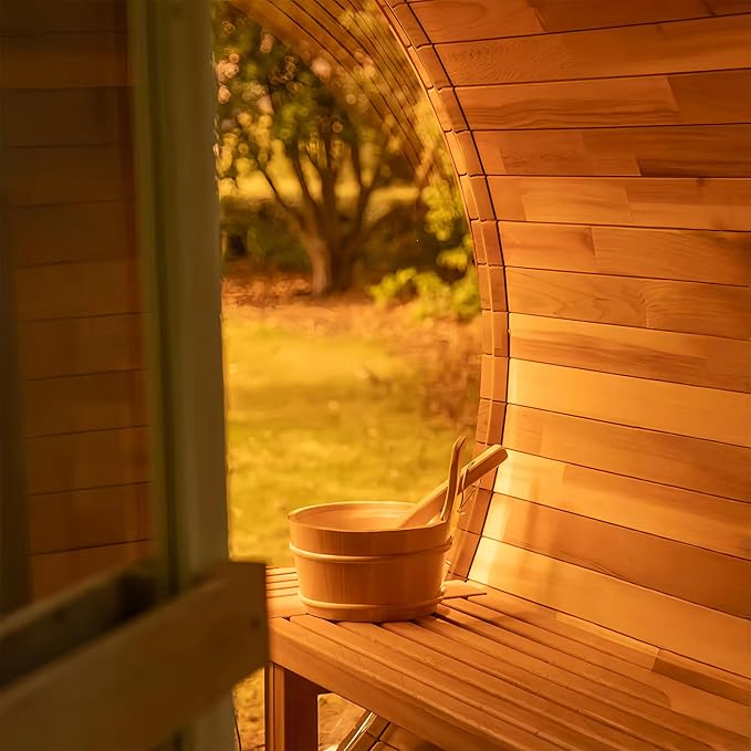 Panoramic Barrel Sauna 6 Person, Canadian Red Cedar Outdoor Sauna, 220V 6KW Toule Heater, Triple Waterproof System, (0-195 °F)