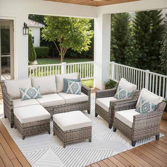 Patio Furniture Set, 5 Pieces Outdoor Wicker Rattan Sofa Couch with Rattan Chair, Ottomans and Comfy Cushions, All Weather Patio Conversation Sets, Suit for Porch Deck Garden