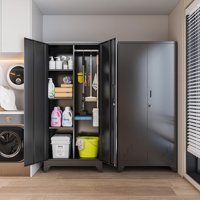 Storage Cabinet 61" H, Metal Outdoor Sheds with Shelves for Tools Storage, Cleaning Supplies Closet with Removable Pegboard for Outdoor, Garage, Utility Room