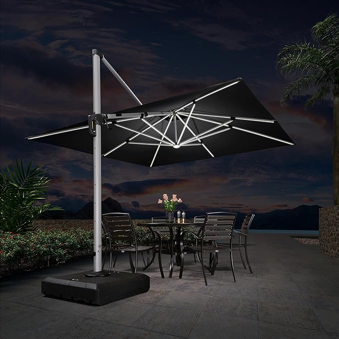 PURPLE LEAF 11 Feet Solar Powered LED Square Cantilever Umbrella With Base Patio Umbrellas Windproof Hanging Umbrella Outdoor Offset Umbrellas, Black