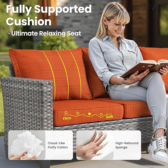 ovios 8 Pieces Patio Furniture Set Outdoor Sofa Couch with Solar Lights Table Comfy Cushions, Modern Deep Seat Wicker Rattan Conversation Set for Porch Deck, Orange Red