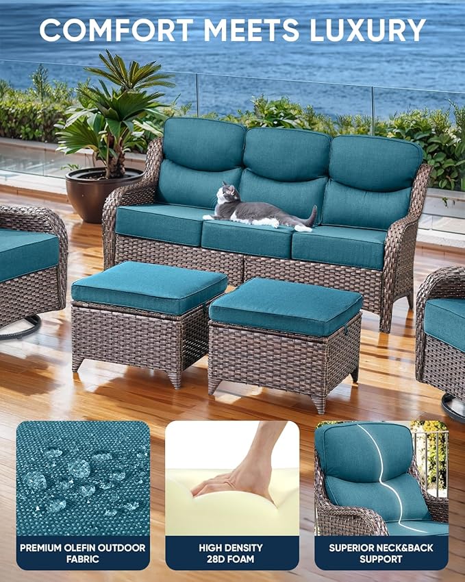 Luxury 22x24/22x25 6-Inch Smile Outdoor Cushions for Patio 5 Piece Set - Set of 5 Zippered Outside Pillows for Wicker Dining Rocking Gliders Loveseat Couch Sectional Sofa - Peacock Blue