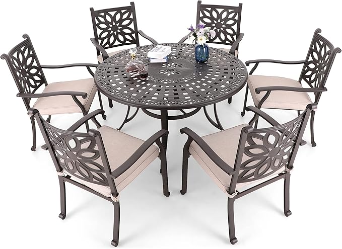 MFSTUDIO 7 PCS Cast Aluminum Patio Dining Set, Retro Design Outdoor Patio Table and Chairs with 6 Wide Dining Chair and 1 54" Round Aluminum Outdoor Dining Table