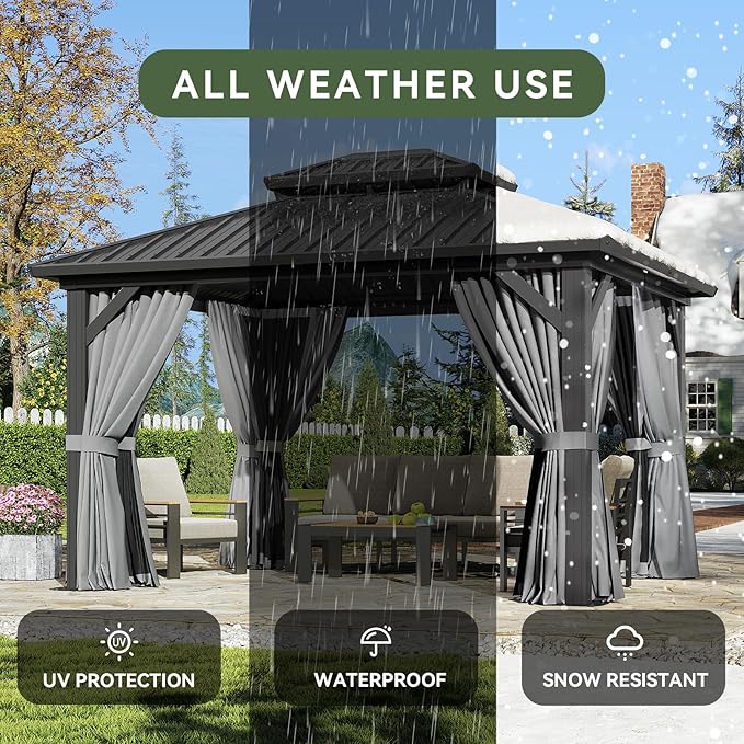 Aoxun 12'x10' Hardtop Gazebo, Aluminum Frame Permanent Pavilion with Curtains and Netting, Outdoor Galvanized Double Roof Canopy, Designed for Garden, Lawns, Patio