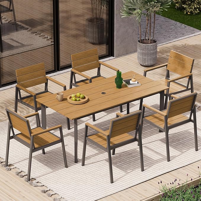 Outdoor Dining Set for 6, Patio Dining Sets with Umbrella Hole, 7 Pieces HDPS Outdoor Table and Chairs for Patio, Garden