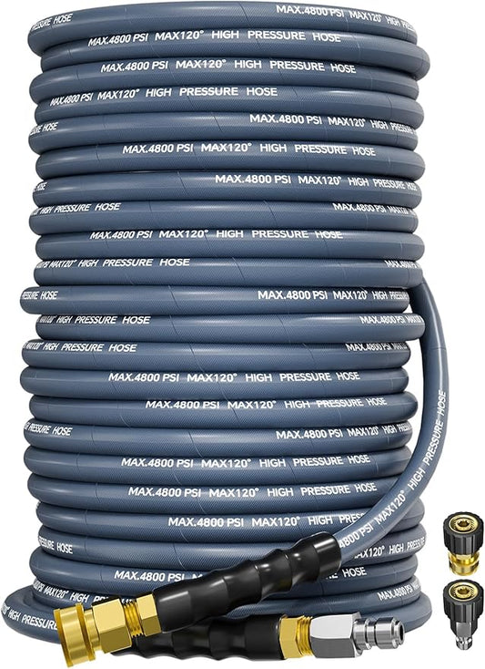 3/8" 4800PSI Pressure Washer Hose 150FT with Swivel Quick Connect for Cold/Hot Water Max 248°F, Kink Resistant Steel Wire Braided, Wear Resistant Power Washer Hose with M22 14mm Adapter