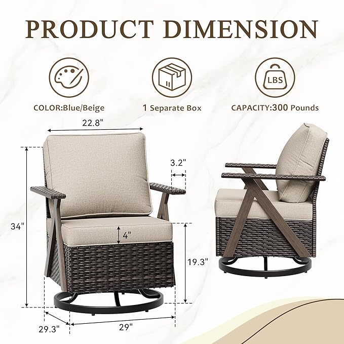 Outdoor Wicker Swivel Chairs Set of 2, Patio Furniture Set with 360 Degree Wicker Swivel Rocking Chairs with Metal Frame and Deep Seating