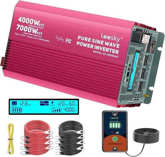 4000 Watt Pure Sine Wave Inverter 12V DC to 110V 120V AC Surge Peak 7000 Watt for 2s | 2025 New Upgraded, Compatible with Lithium Battery, for Home Car Off-Grid Solar System RV Truck Vehicle LEESKY