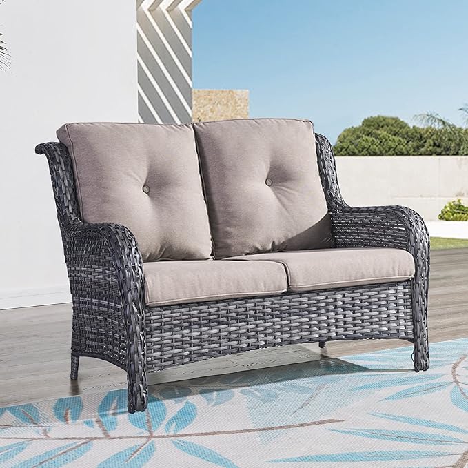 HUMMUH Outdoor Loveseat Sofa 2-Seat PE Rattan Patio Love Seat with Cushions,Deep Seat High Curved Back Armset Sectional Couch for Patio,Garden,Yard,Porch
