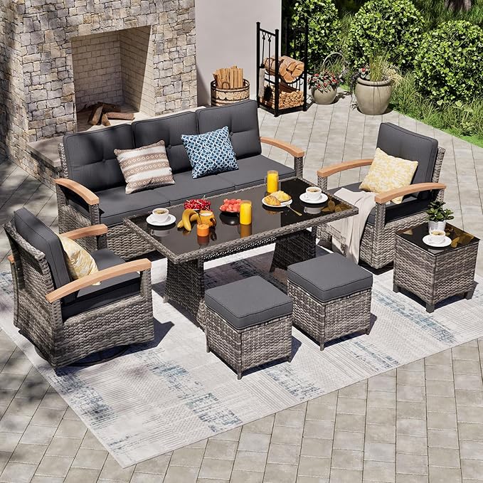 MEISSALIVVE 7 Pieces Patio Furniture Sets, PE Wicker Outdoor Conversation Sets with 2 Wood Armrests Swivel Rocker Chairs, 2 Ottomans, 3-seat Sofa and Dining Table (Grey)