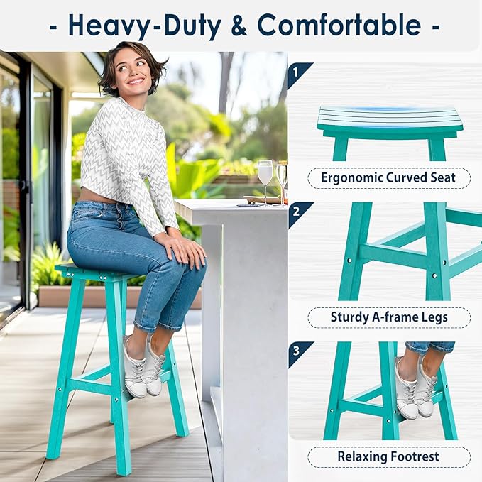 nalone 29 Inch Outdoor Bar Stool, HDPE Bar Chairs with Footrest, Weather Resistant Waterproof Bar Stools Outside Bar Height Stools for Bar, Kitchen Counter, Yard, Balcony (Aruba, 29'' Barstools)