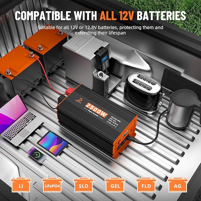 2500W Power Inverter 12V DC to 110V/120V AC Converter for RV/Truck/Boat/Camping/Off-Grid Solar Car Power Inverter Peak Power 5000W with 3 AC Outlets,USB & Type-C Port, Remote Controller & LCD Screen