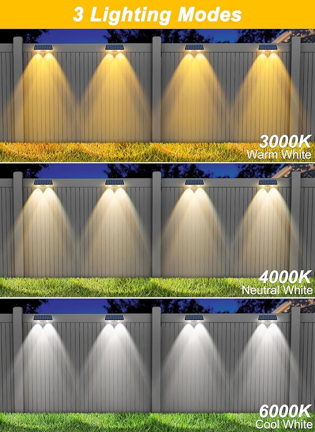 Solar Fence Lights Outdoor - 3000K/4000K/6000K 3 Color Modes, IP65 Waterproof Fence Lights Solar Powered Outdoor, Solar Powered Wall Light for Outside Porch Step Wall Stairs Patio Yard (4 Pack)