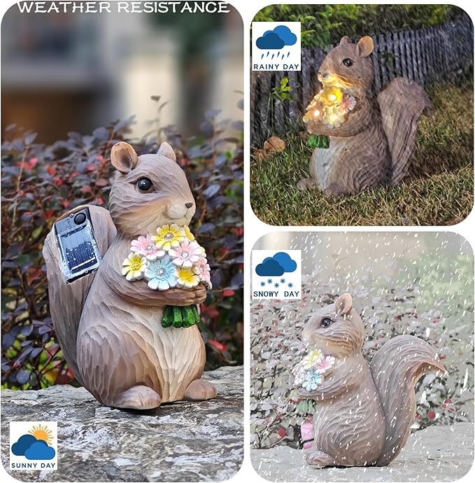Solar Garden Squirrel Statue, Outdoor Resin Decor with Floral Accents, Resin Decorations Squirrel Figurine for Patio Lawn Porch Yard Ornaments for Mom Grandma Wife