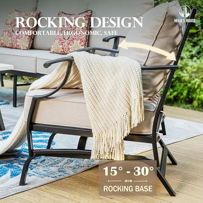 HERA'S HOUSE 4 Pieces Patio Furniture Set with Fire Pit Table, 2 x Rocking Chair, 3-Seat Sofa with 45" Fire Pit Table, Outdoor Conversation Set for Garden Lawn Poolside Backyard