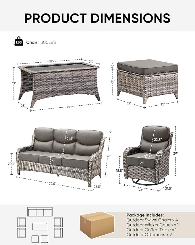 HUMMUH 8 Pieces Wicker Patio Furniture Set with Patio Swivel Chairs Set of 4,High Back Outdoor Sofa Coffee Table Ottomans,6 Inch Thick Cushions Outdoor Conversation Set for Porch, Balcony, Deck