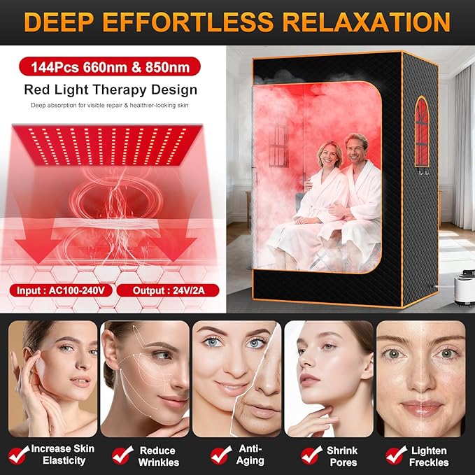 NAIZEA 2 Person Infrared Sauna Box, Portable Steam Sauna with Red Light Therapy Lamp,2 Person Full Body Saunas Tent for Home Spa with 3L 1200W Steamer,Remote Control, 2 Folding Chair,3.9'x2.9'x5.9'