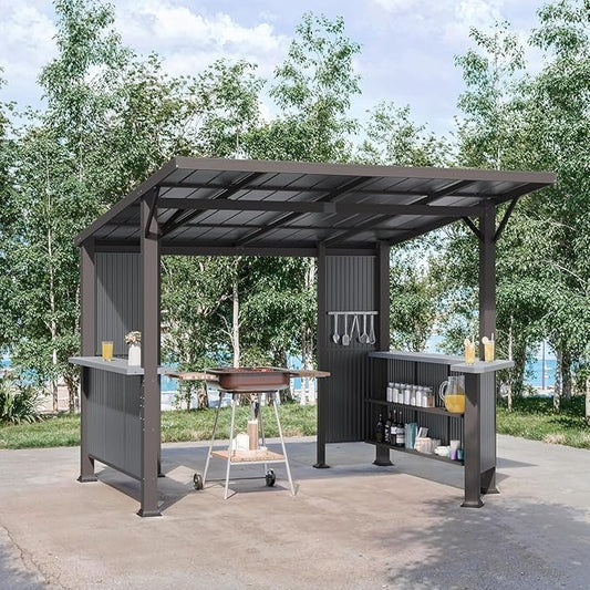 Kullavik 10' x 10' Hardtop Grill Gazebo Canopy, Outdoor Galvanized Steel BBQ Lean to Gazebo with 2 Side Shelves for Barbecue and Picnic, Metal Grill Tent for Patios, Gardens, Lawns