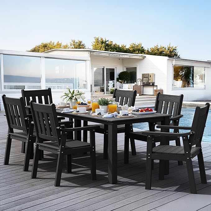 YEFU HIPS Patio Table Set: 7 Piece Outdoor Table and Chairs Dining Furniture Set with Umbrella Hole - Black Modern Plastic Dining Sets 6 Person for Outside Deck with Metal Aluminum Frame