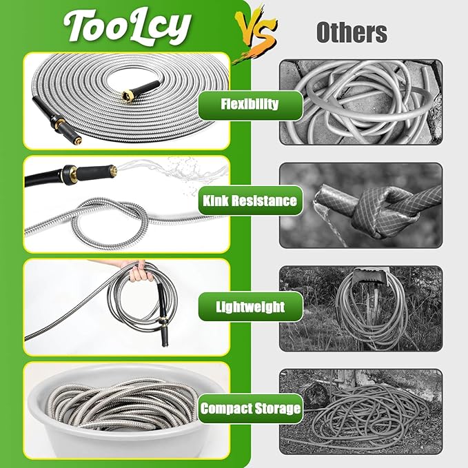 TOOLCY Metal Garden Hose- 304 Stainless Steel Water Hose 50 ft with Brass Nozzle - Super Flexible, No Kink, Heavy Duty, Puncture-proof, Lightweight, Durable Garden Hoses for Yard, Outdoor, Lawn