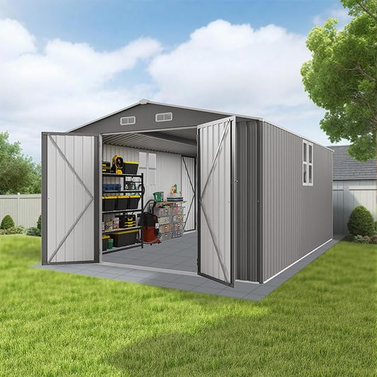 10x14 FT Large Outdoor Storage Shed,Durable Metal Garden Shed with Three Lockable Doors and Two Windows,Waterproof Tool Shed for Backyard Patio,All-Weather Shelter for Bike,Lawn Mowers,Grey