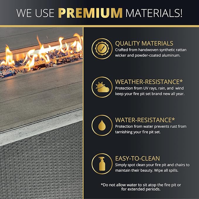 Outdoor Patio Furniture Set With Propane Fire Pit 50,000 Btu 7 Pieces 76" Dining Table Rattan Swivel Chairs Include Cushions Lid And Weather Cover Csa Certified for Garden Backyard Conversations Grey