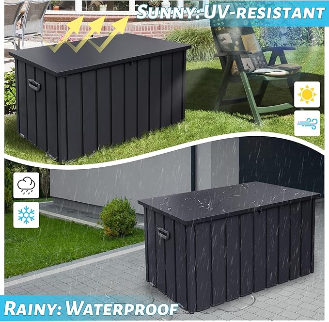 Outdoor Storage Box, 100 Gallon Metal Deck Box Built-in a Oxford Fabric Storage Bag, Lockable & Waterproof Outside Patio Storage Box - Gray