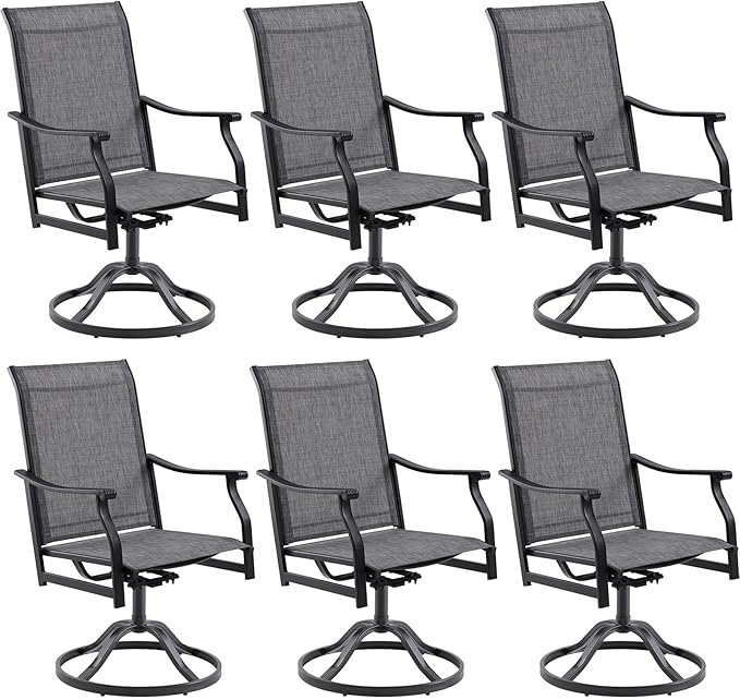 Patio Swivel Chairs Set of 6, Outdoor Dining Chairs with Textilene, Swivel & Rocker Metal Outdoor Patio Dining Chair All-Weather for Backyard, Gray Fabric with Black Frame